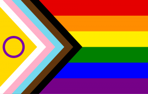 alt="Inter*-inklusive Progress-Pride-Flagge mit gelbem Dreieck und lila Kreis auf der linken Seite